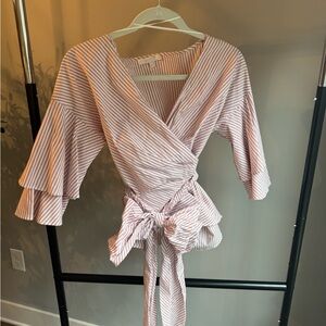 Striped Wrap Blouse with Ruffle Sleeves